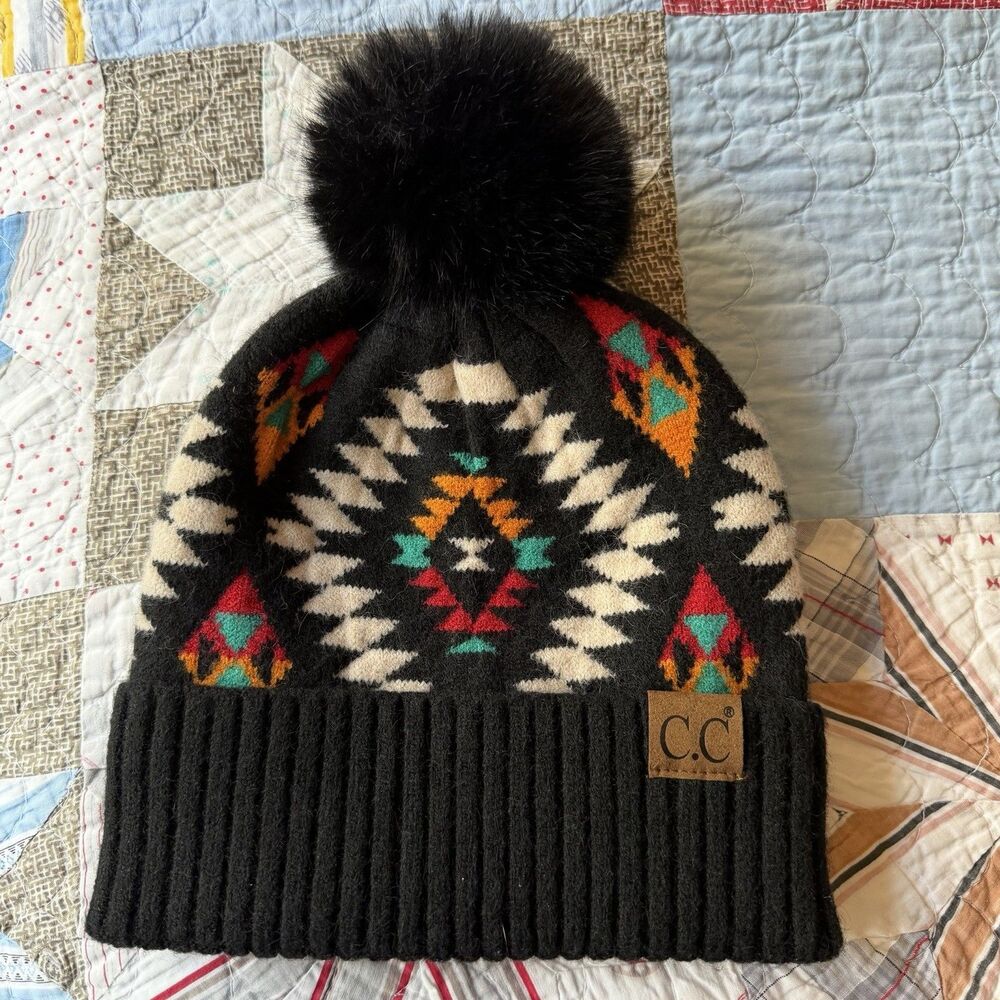Girly Girl C.C Soft Aztec Pattern Thick Beanie With Faux Fur Pom
